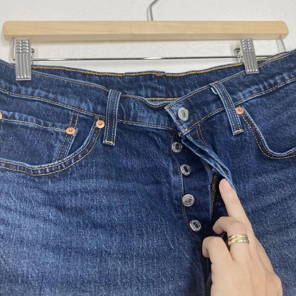 Levis 501 Shorts womens 33 Blue Denim Jean Button Fly Stretch Bermuda Casual